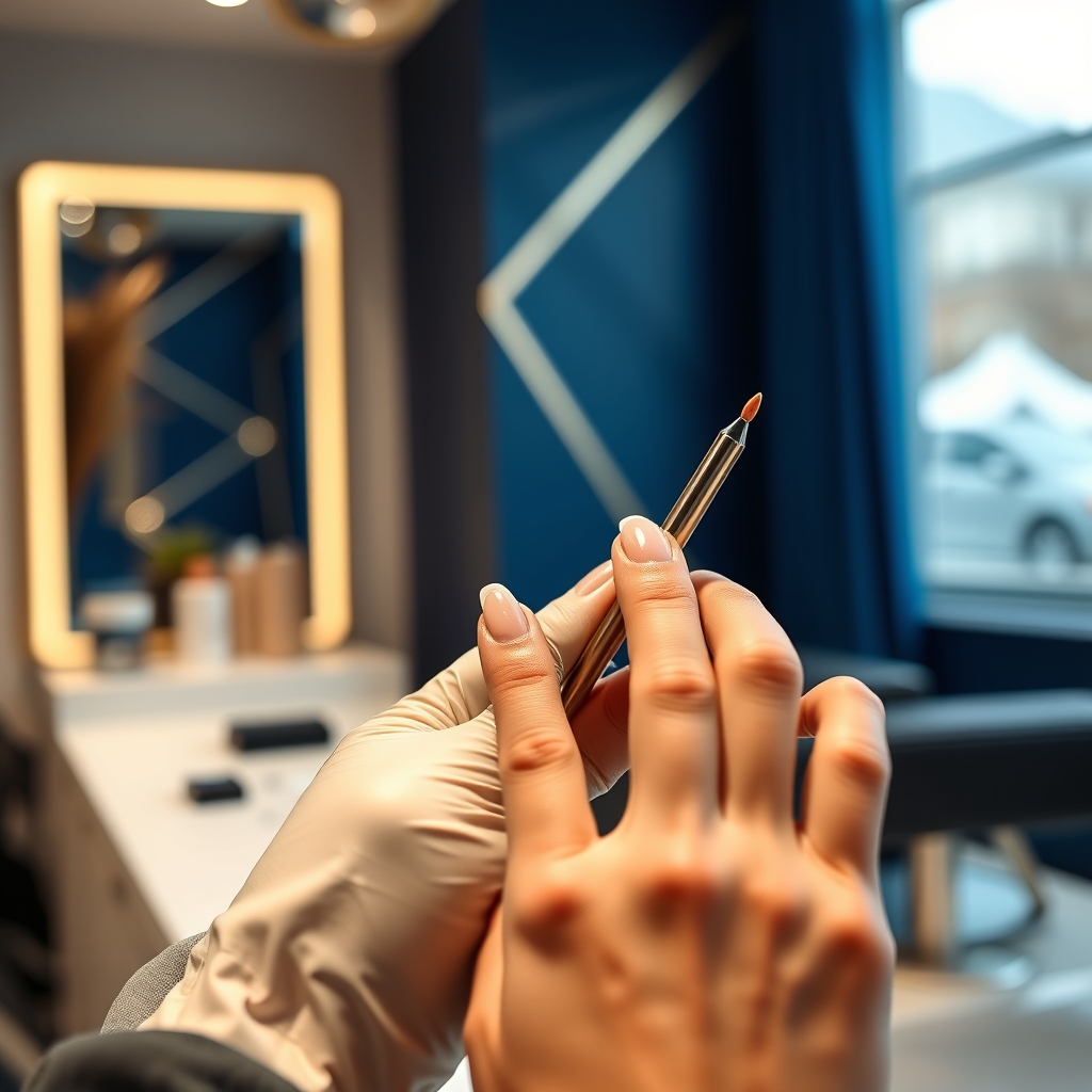 Nail station with blue walls, gold lines, and warm lighting