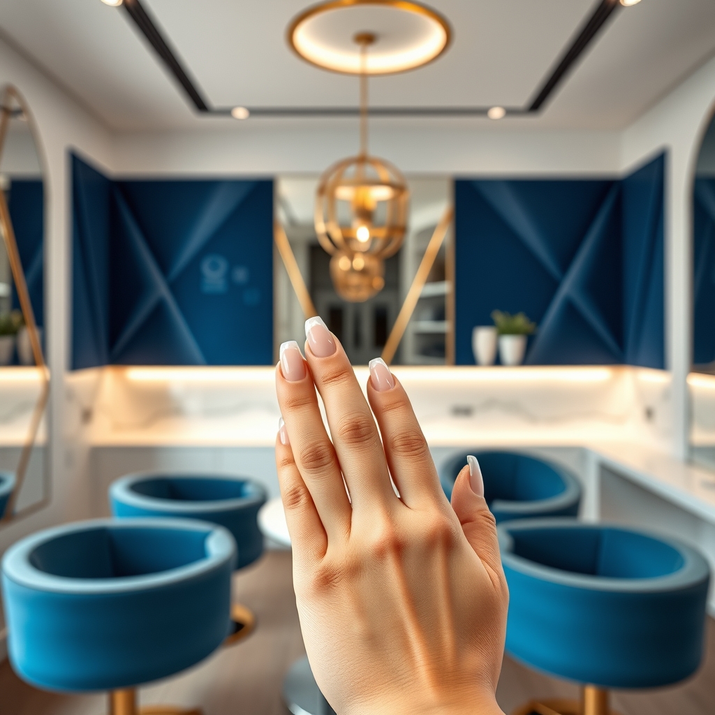 Luxury pedicure room with blue chairs and geometric wall design
