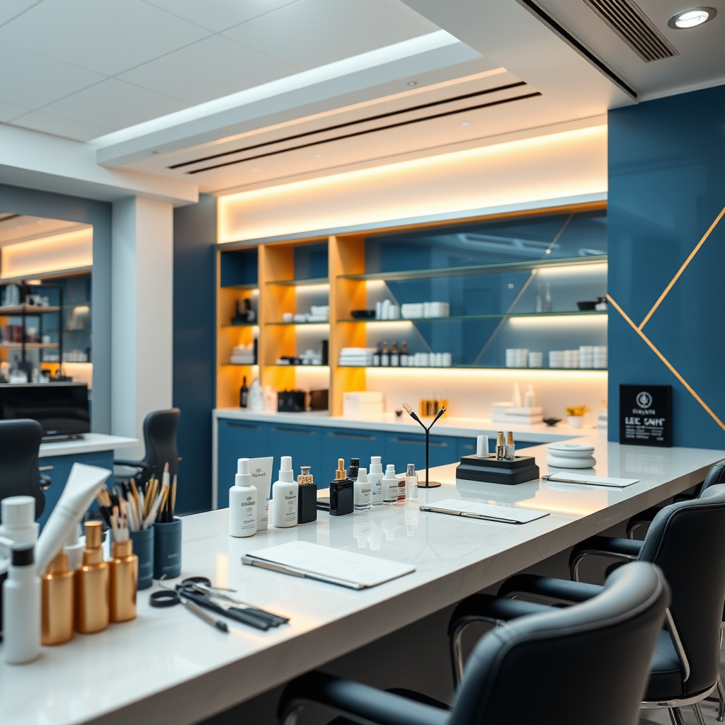 Product display and workstation with blue shelving and warm lighting