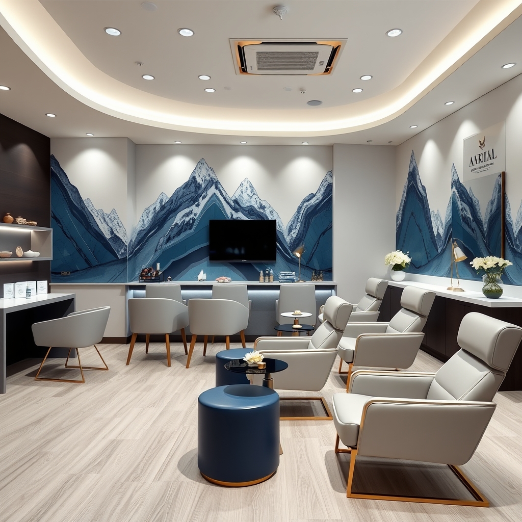 Comfortable lounge seating in a premium nail salon with mountain-inspired wall art